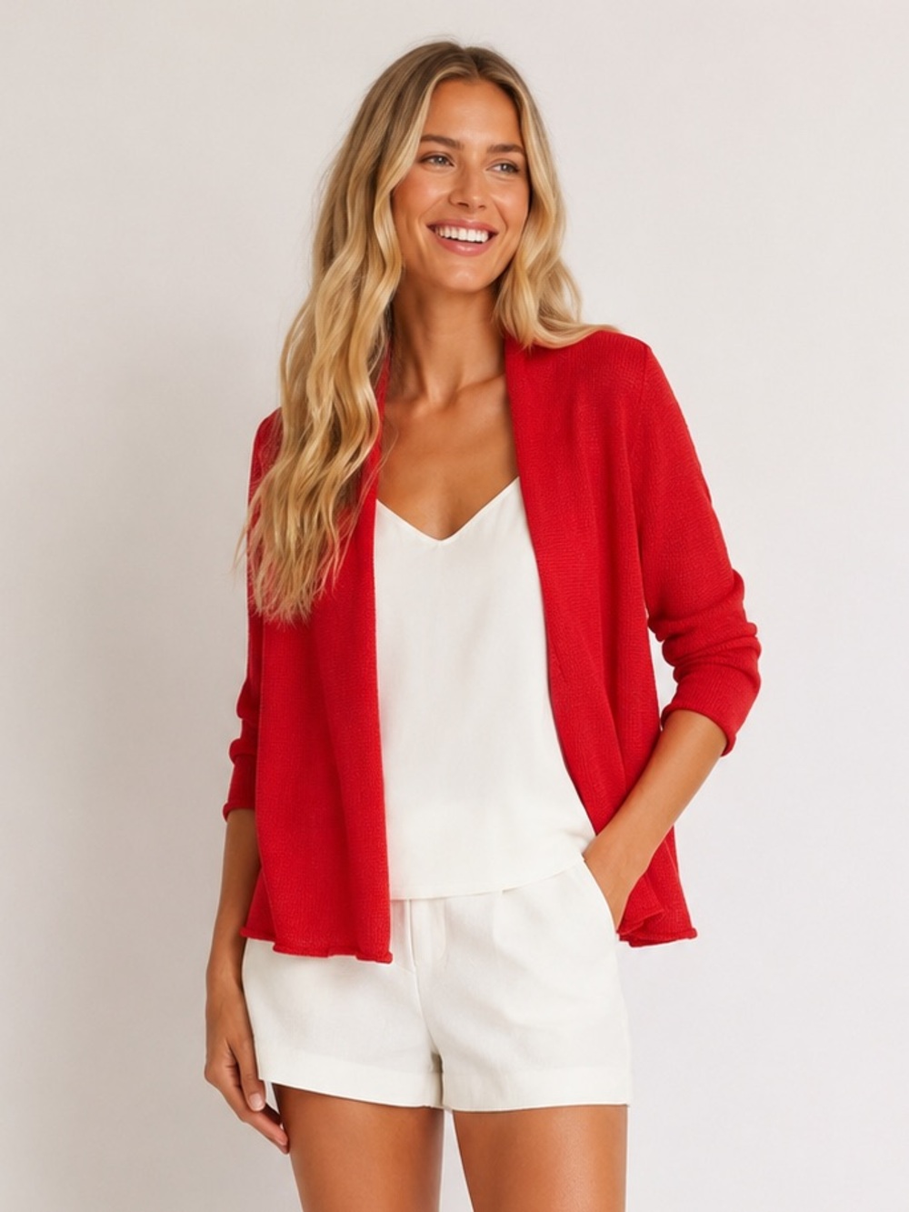 Eileen Fisher Linen Open Front Cardigan Red Lightweight Knit Size L